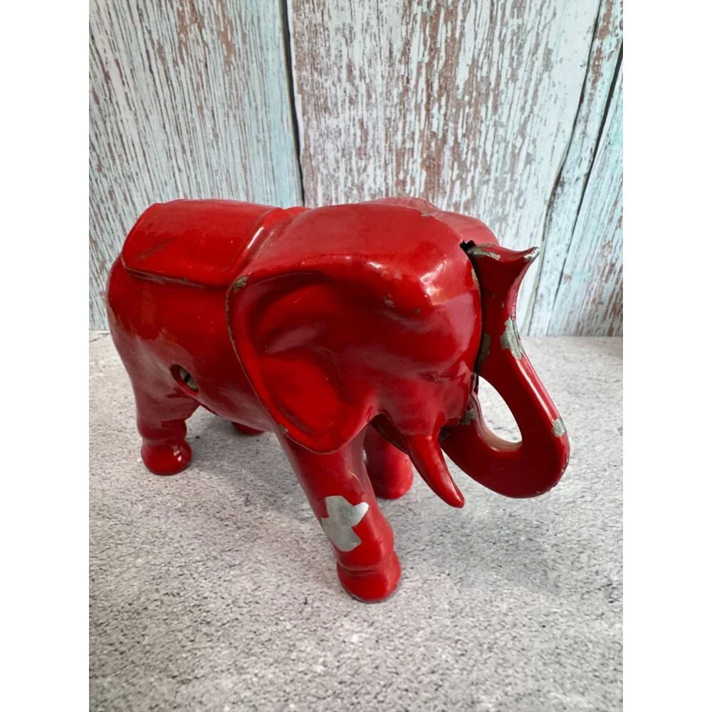 Antique Red Elephant Aluminum Push Tail Bank 7" X 5" Decorative Collectible - Picture 6 of 8